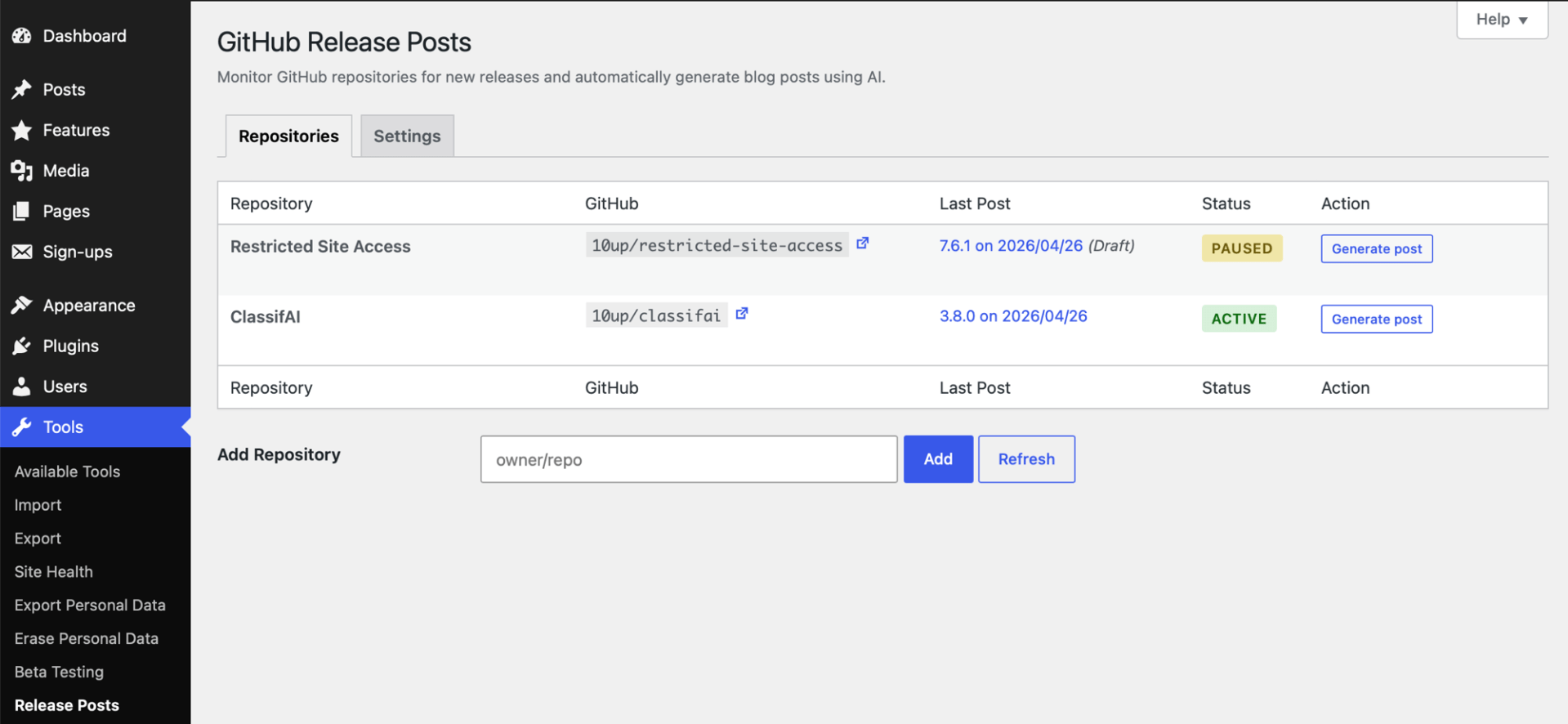 A screenshot of the WordPress admin, showing GitHub Release Posts and the ability to generate posts based on releases. 