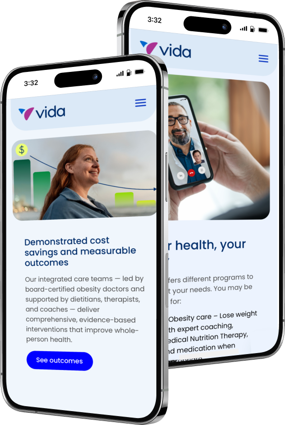 An example of Vida's website on mobile, showing the enterprise side and provider side.