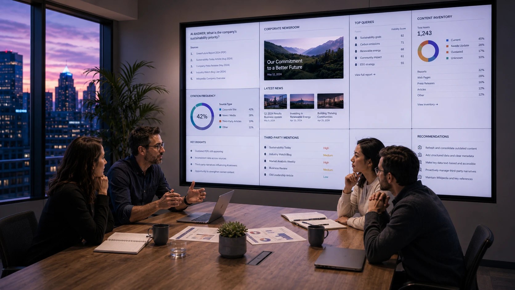 A group of growth strategists sit in a conference room with AI Audit results on a screen.