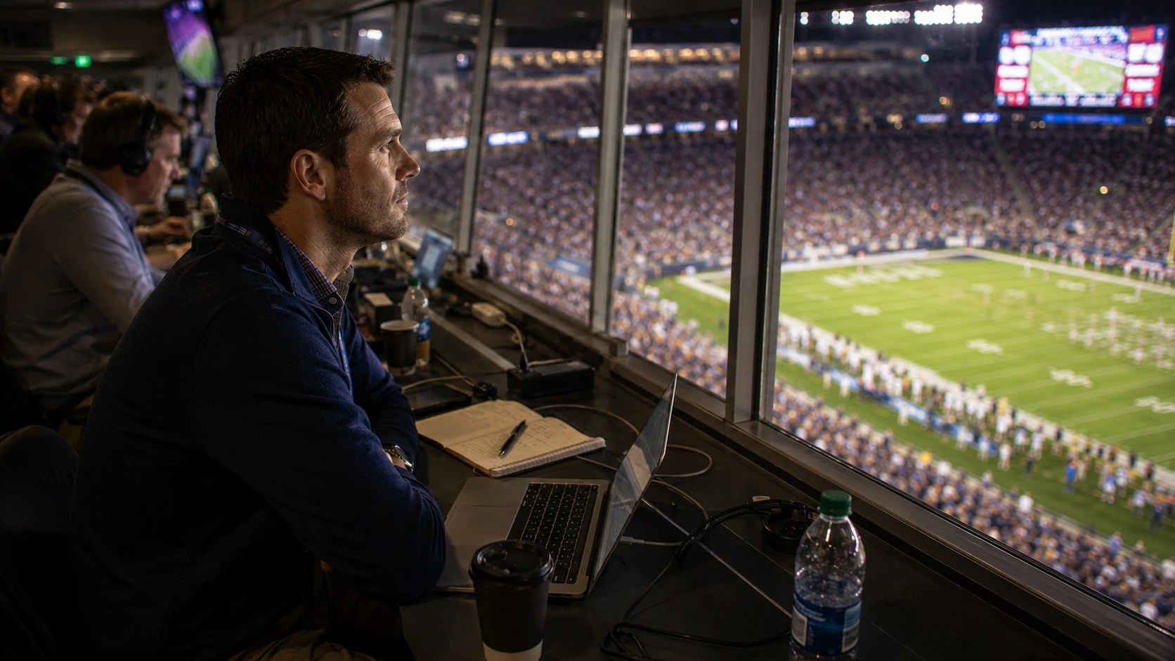 A sports reporter sits in the media box at a football game, with his laptop and notepad.