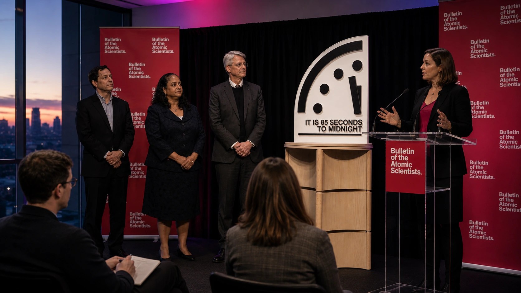 A few Bulletin employees stand on stage, announcing the latest Doomsday Clock time to an audience.