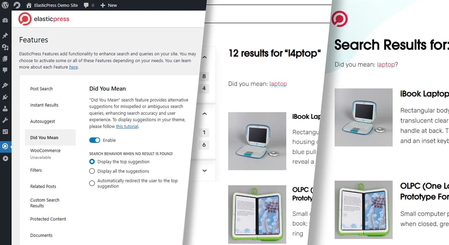 Examples of ElasticPress, showing the dashboard and search results. 