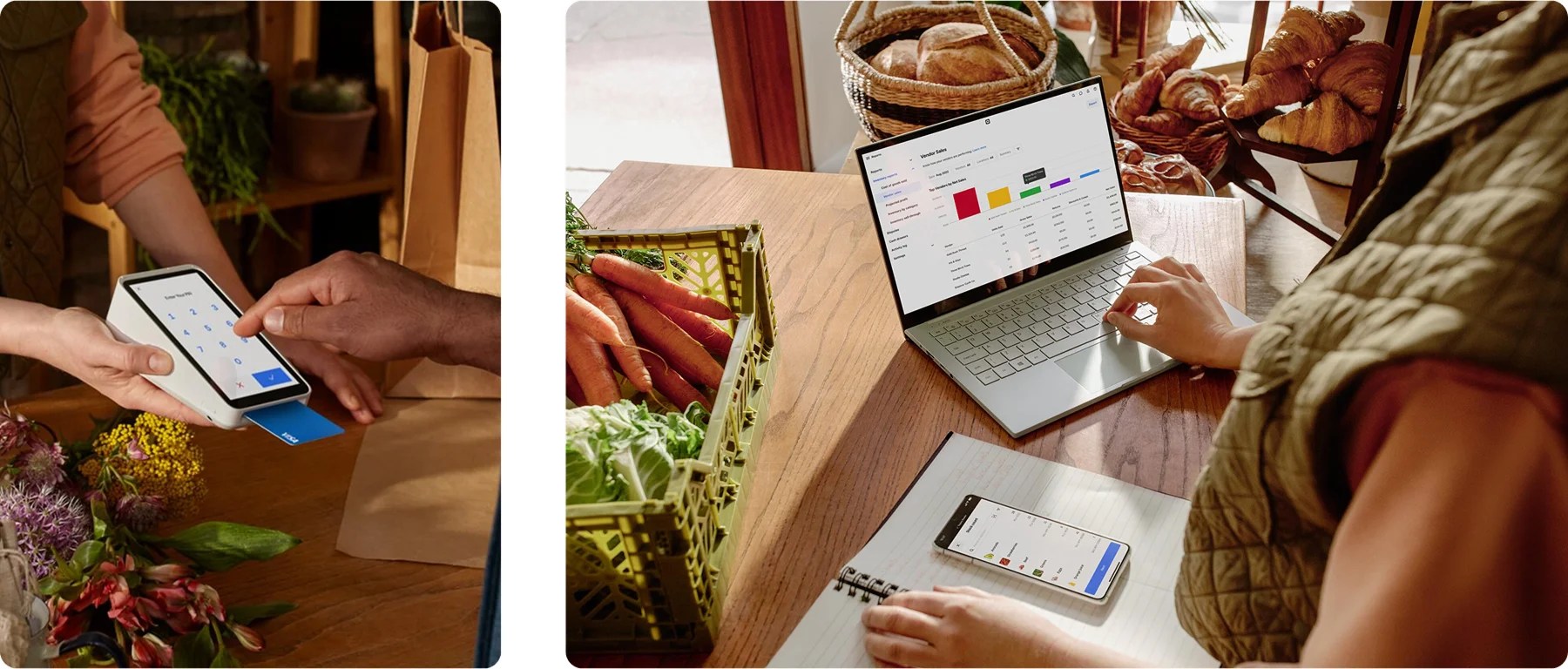 An example of someone paying for items with Square, and a business owner reviewing her sales.