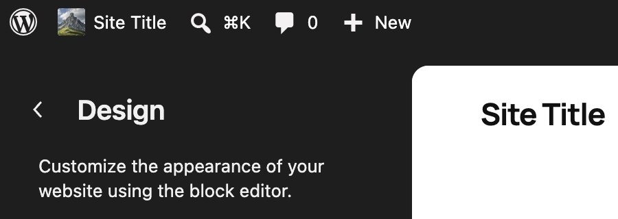 A screenshot example of the Admin bar visible in the Site Editor. 