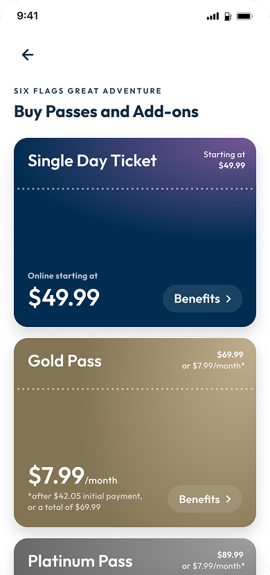 The Six Flags app shows the option to buy different ticket packages. 
