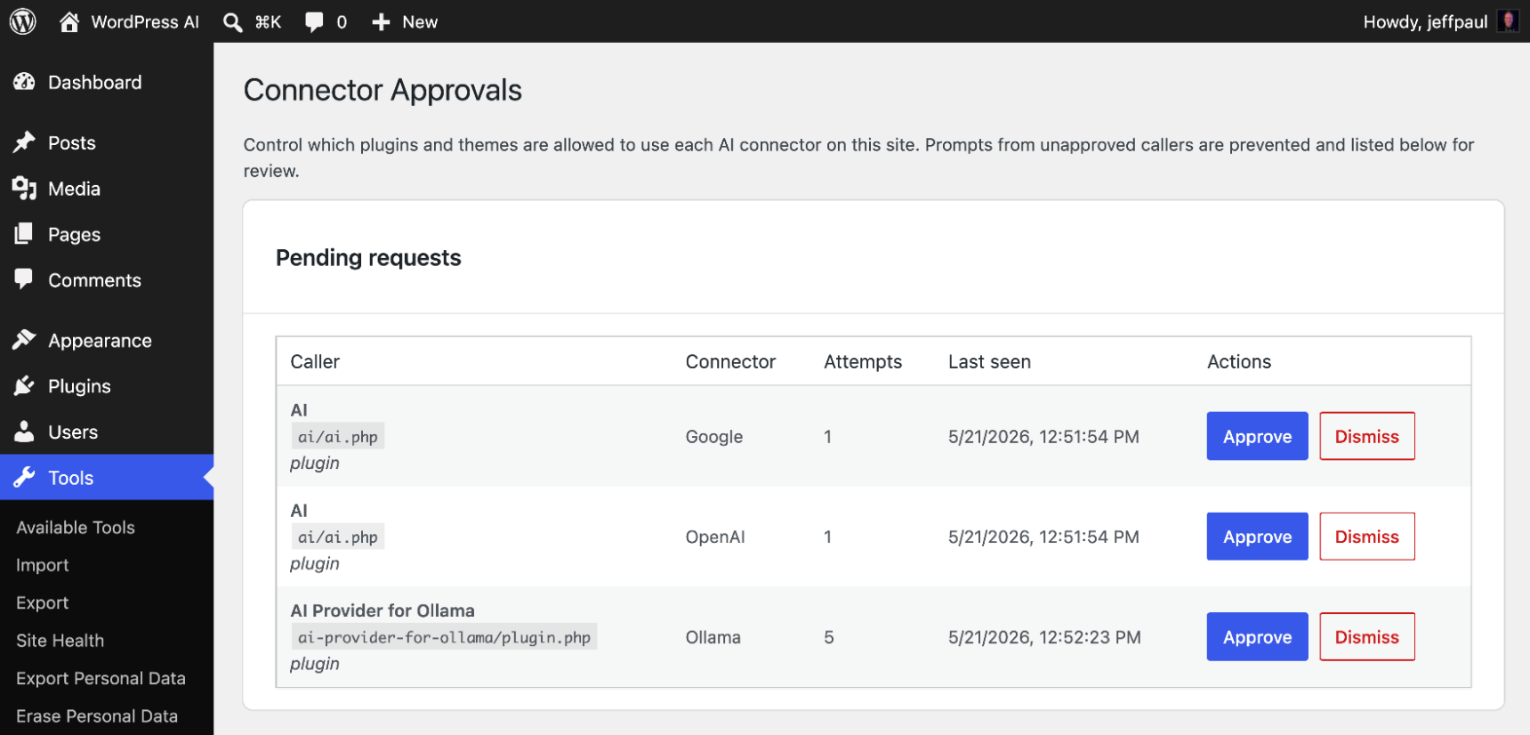 A screenshot of the Connector Approvals page, showing pending requests of AI connectors.
