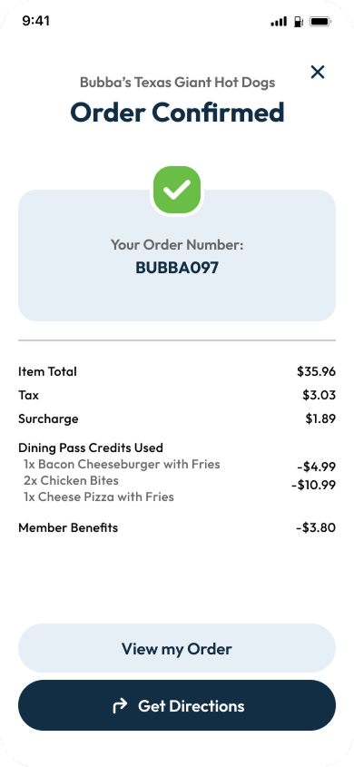 The Six Flags app shows an order confirmation for food from a restaurant in a park. 