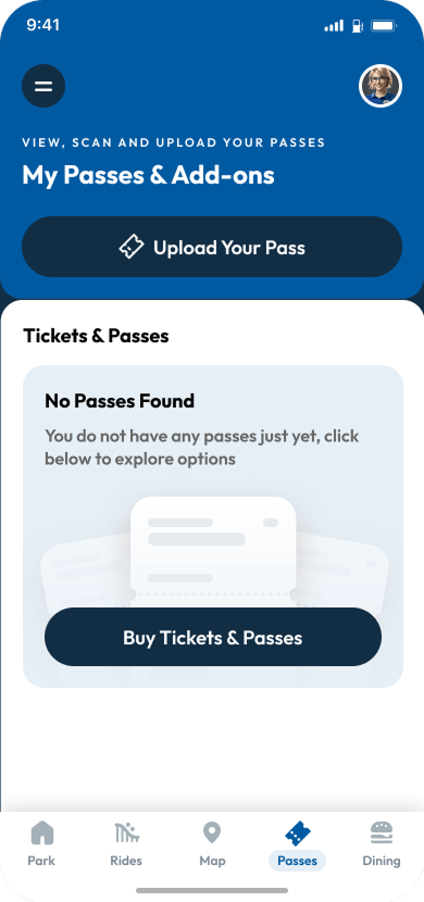 The Six Flags app shows the option to buy tickets in the app. 