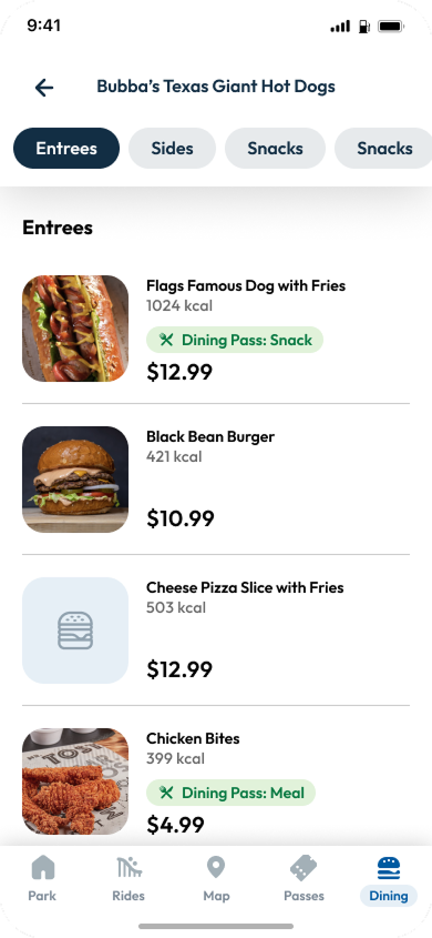The Six Flags app shows menu options at a restaurant in a park. 