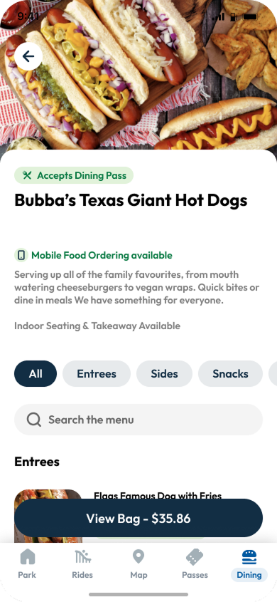 The Six Flags app shows a restaurant in a park. 