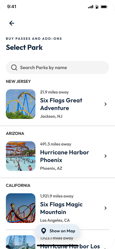 The Six Flags app shows the option to select which park you'd like to buy tickets for. 