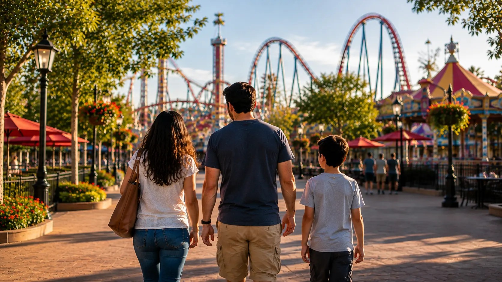 A mom, dad, and son walk into a lively amusement park.