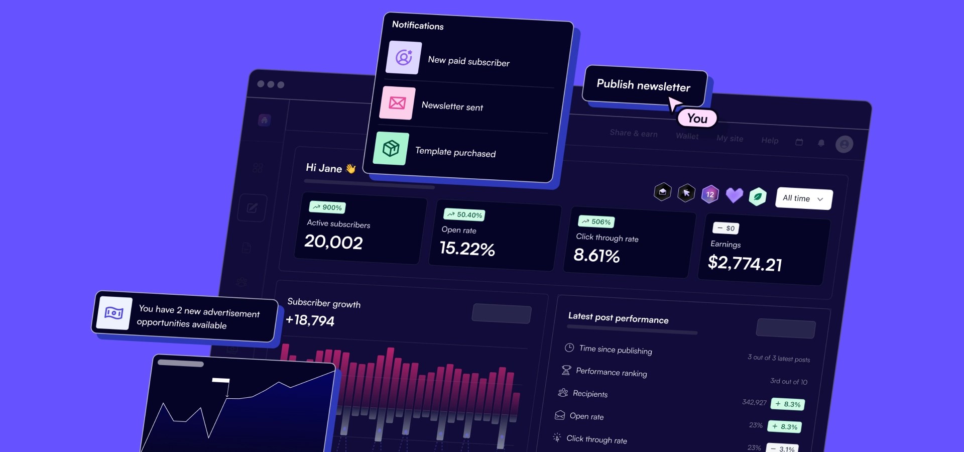 A graphic of a stylized beehiiv interface, showing notifications, a dashboard, and publish newsletter button.