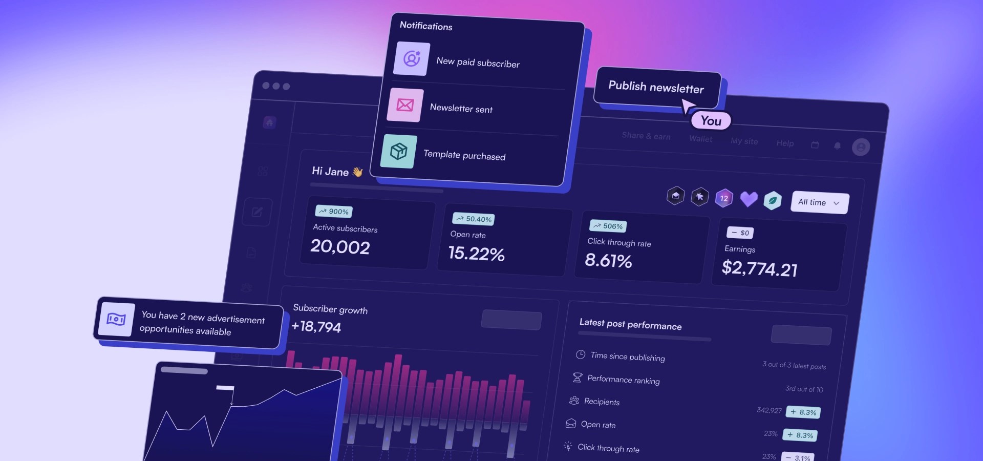 A graphic with stylized screenshots of beehiiv's interface, with a dashboard, notifications, and publish newsletter button.
