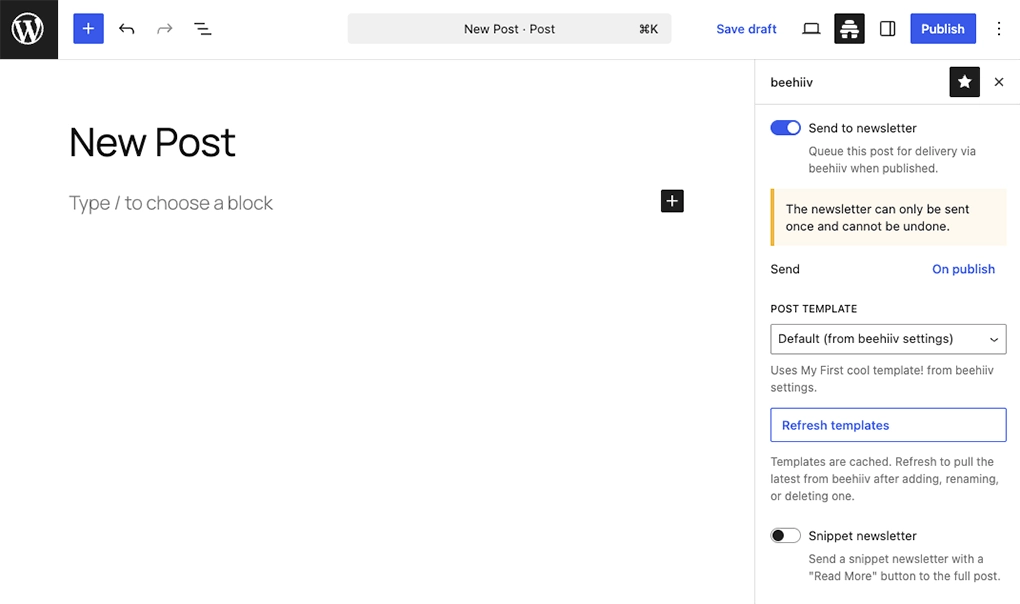 A screenshot of the WordPress block editor with a native beehiiv panel open.
