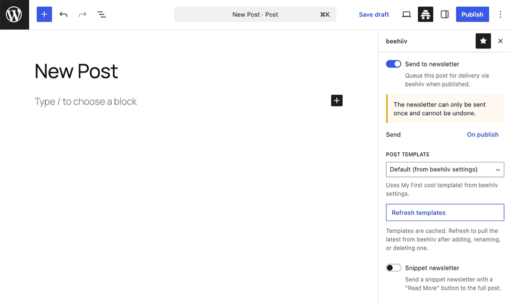 A screenshot of the beehiiv sidebar in WordPress, showing the option to "Send to newsletter".