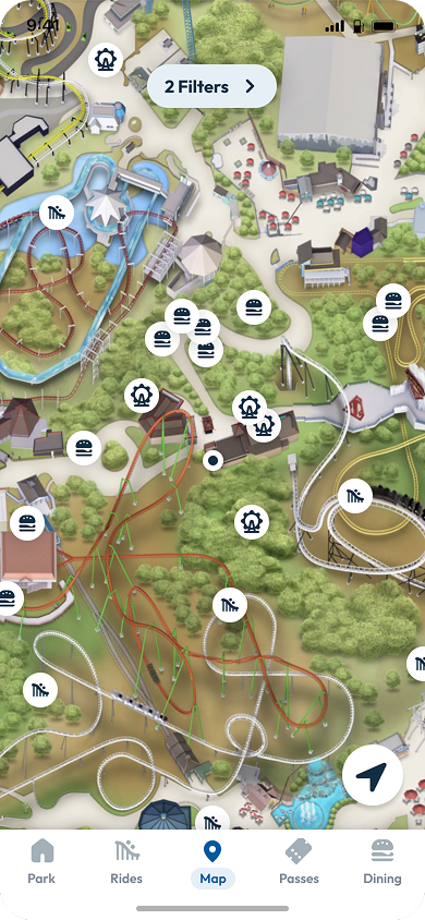 The Six Flag app displays the map, showing different stops within a park. 
