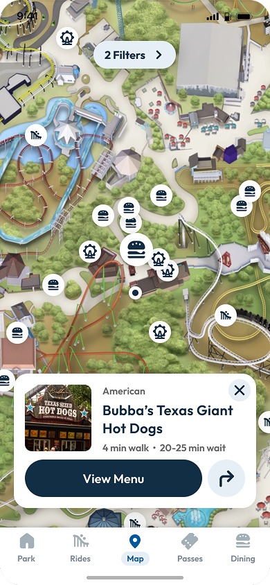 The Six Flags map shows a nearby restaurant, with info on how far of a walk it is and the menu.