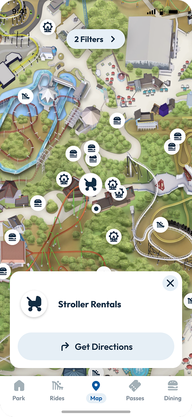 The interactive Six Flags map shows nearby stroller rentals. 