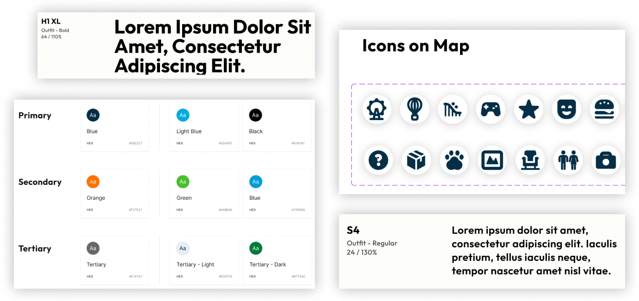 Examples of Six Flags' design system, showing brand fonts, colors, and icons. 