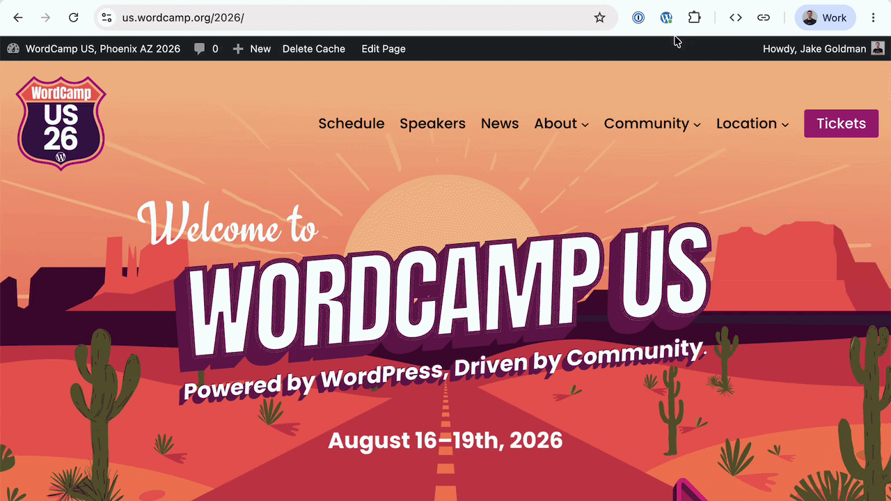 A gif showing the WordPress Browser Extension hiding and showing the admin bar. 
