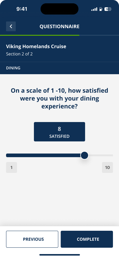 Screenshot example of a questionnaire, asking how satisfied you are on a scale of 1 - 10 and a sliding scale to answer. 