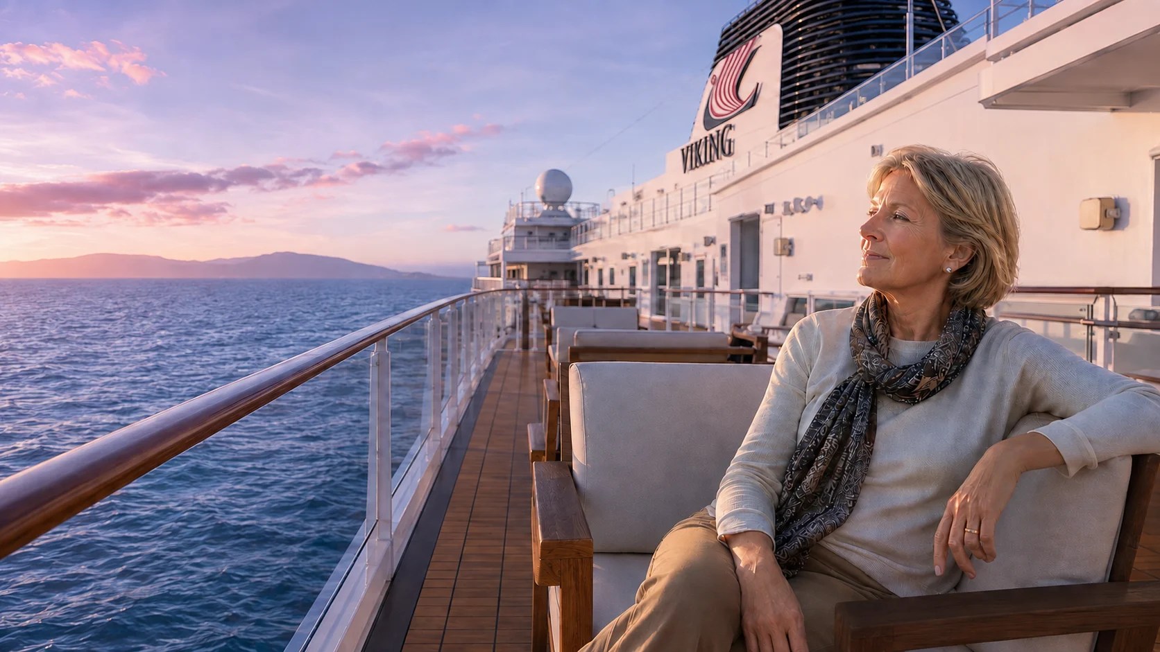 An older woman sits calm on the deck of a Viking Cruise.