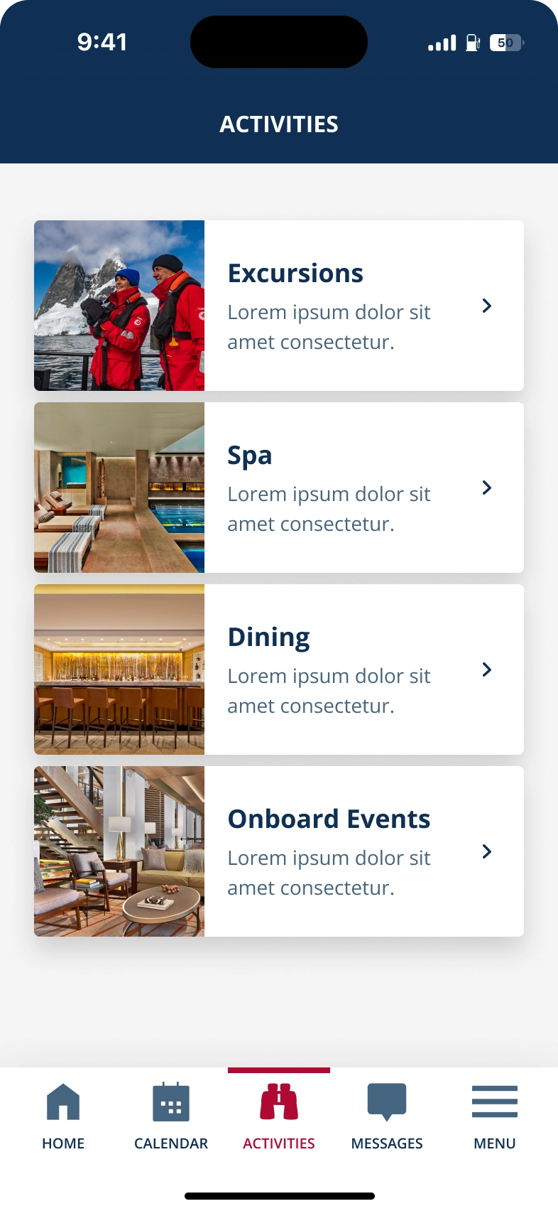 Screenshot of available excursions, spa treatments, dining options, and events.