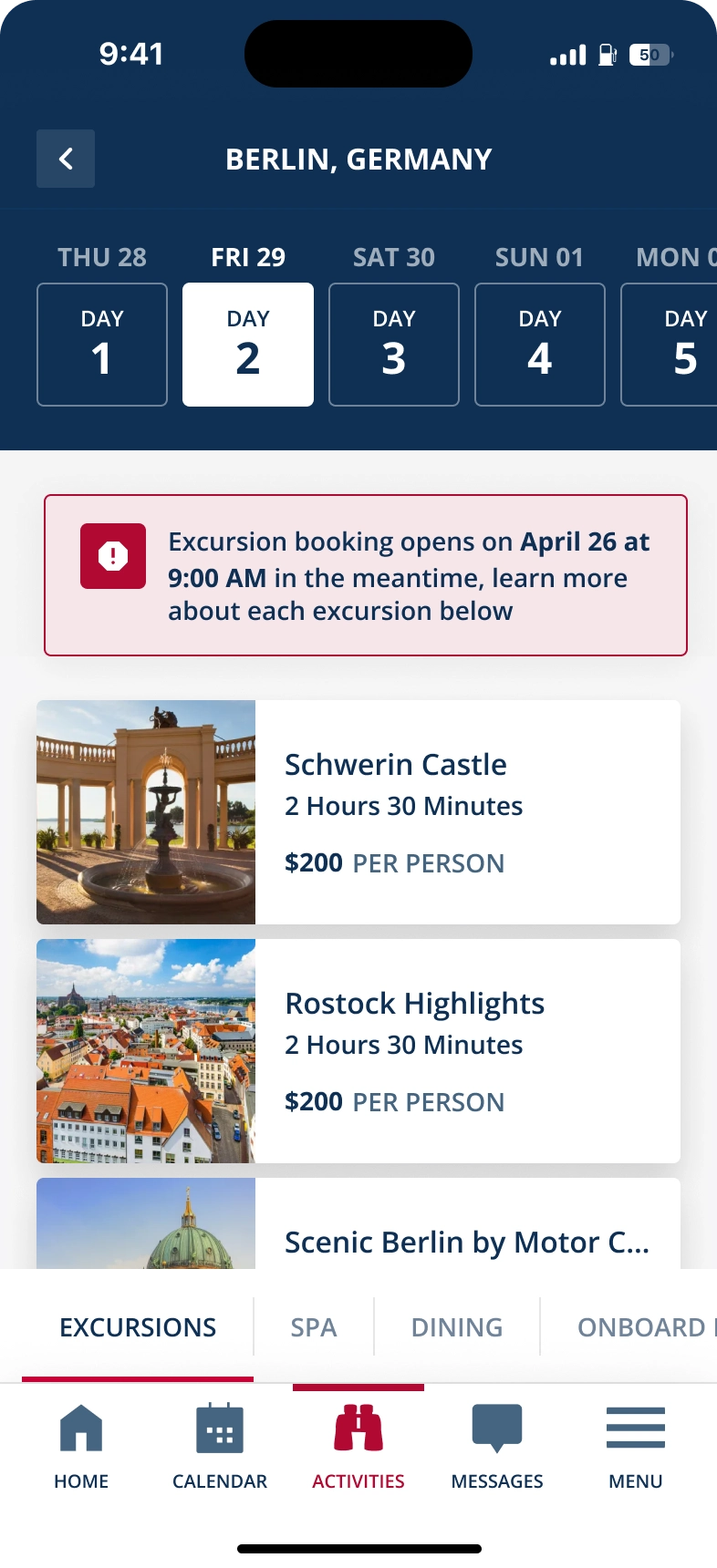 A screenshot of available excursions at a destination on a specific date. 