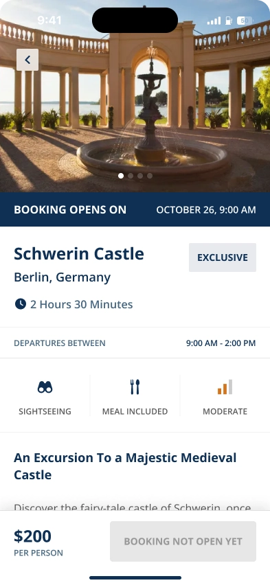 A screenshot of an excursion page, showing images, times, what's available/provided during the activity, and costs. 