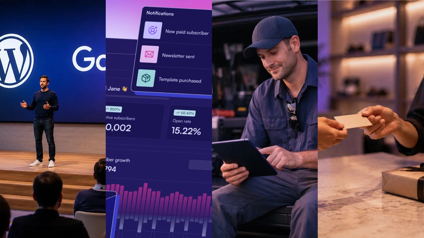 Four images, left to right: a speaker at Google, a beehiiv dashboard, a repairman checking his phone, a woman using a giftcard at a store.