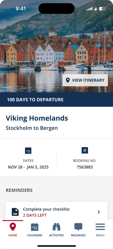 A screenshot of the Viking app homescreen before departure, showing dates, booking number, reminders, and itinerary. 