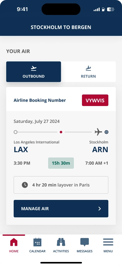 A screenshot of travel details, showing an upcoming flight with booking number, flight details, and the ability to manage the trip. 