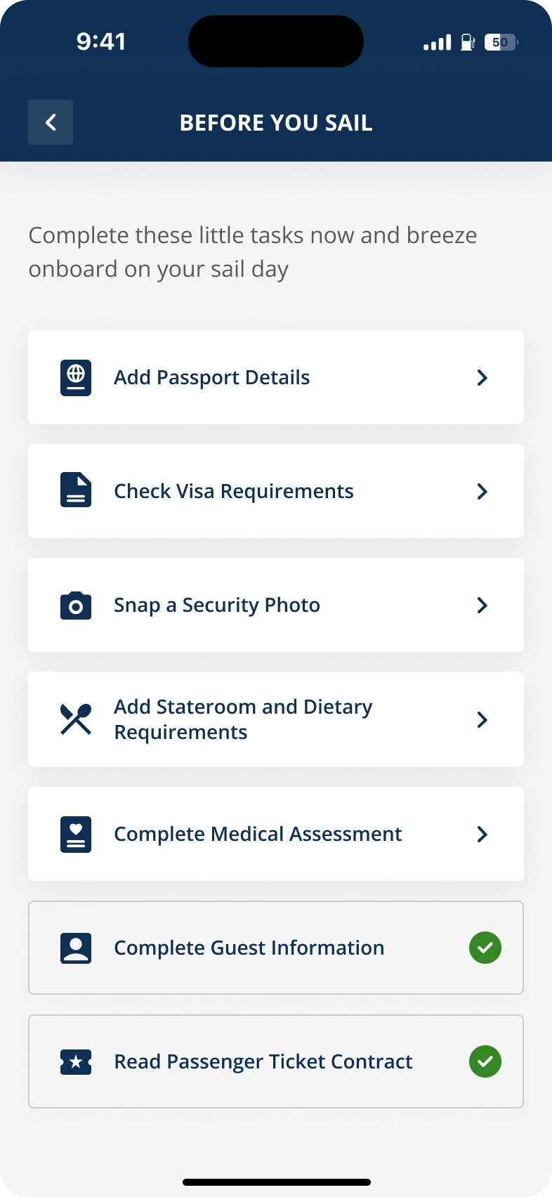 Screenshot of the pre-travel checklist, including items like passport details, visa requirements, and medical assessment.