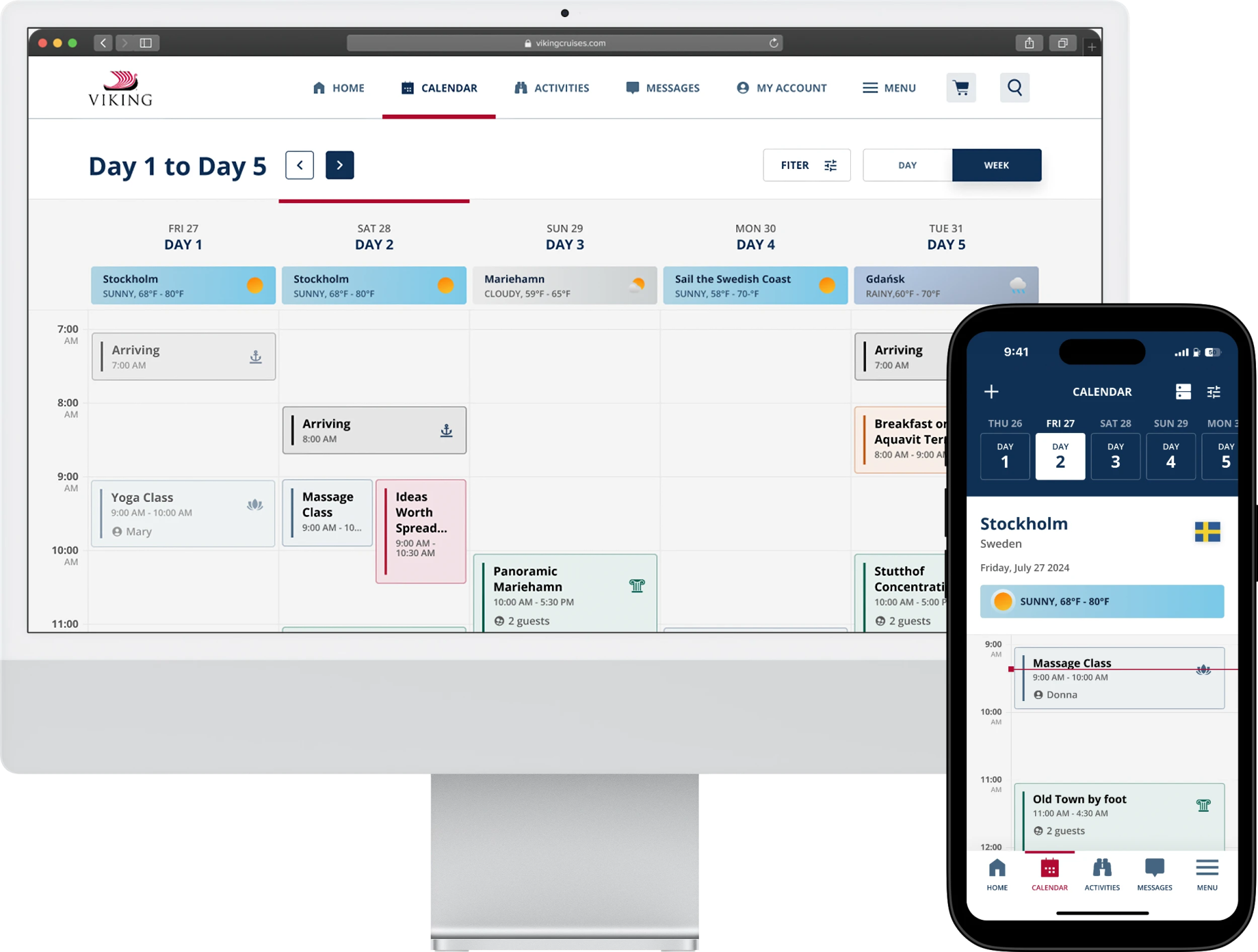 Screenshots showing the calendar view across the Viking mobile and web apps. 