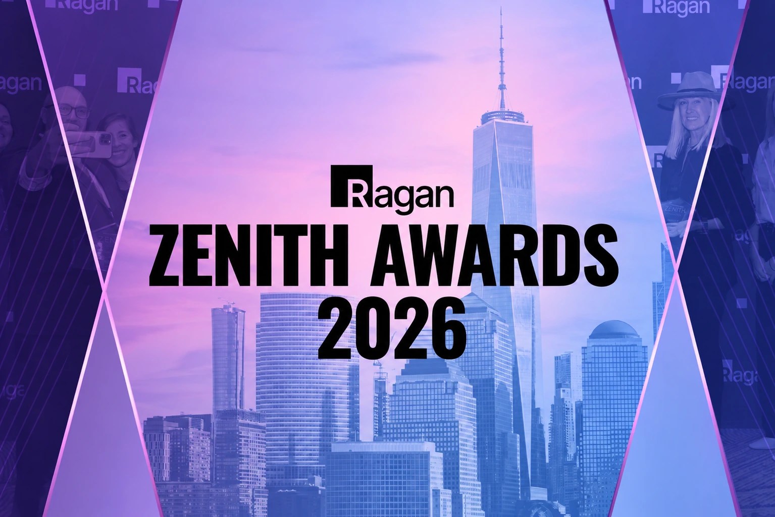 A graphic of the Ragan Zenith Awards 2026 logo, placed over a city skyline with blue and purple hues.