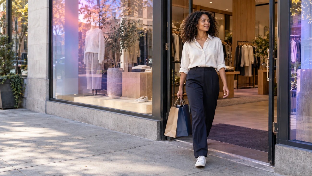 A woman carrying shopping bags steps out of a clothing boutique onto a sunlit sidewalk, framed by large display windows with soft purple and pink overlays.