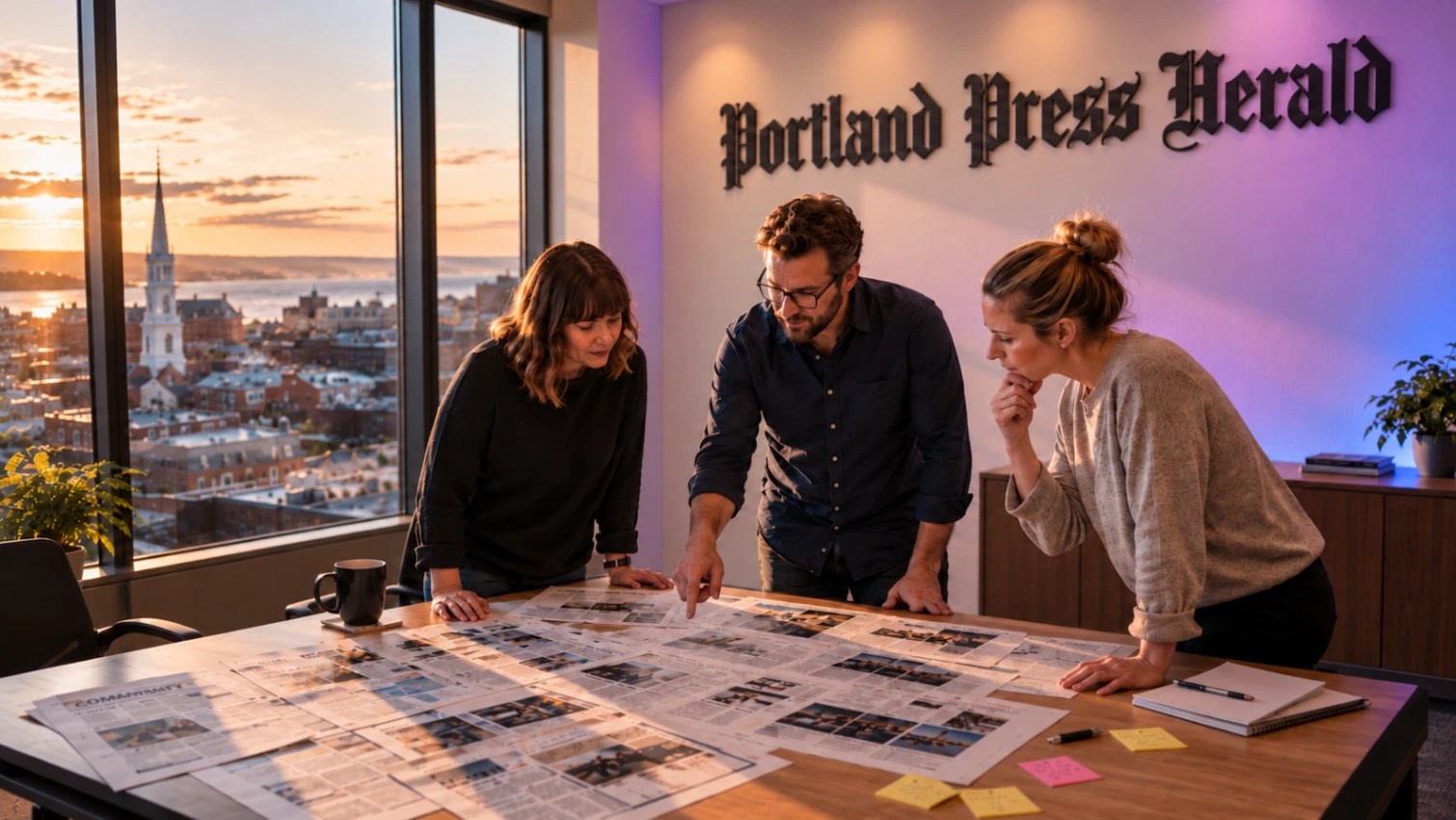 A group of journalists review print pages on a table in an office with a New England skyline in the background.