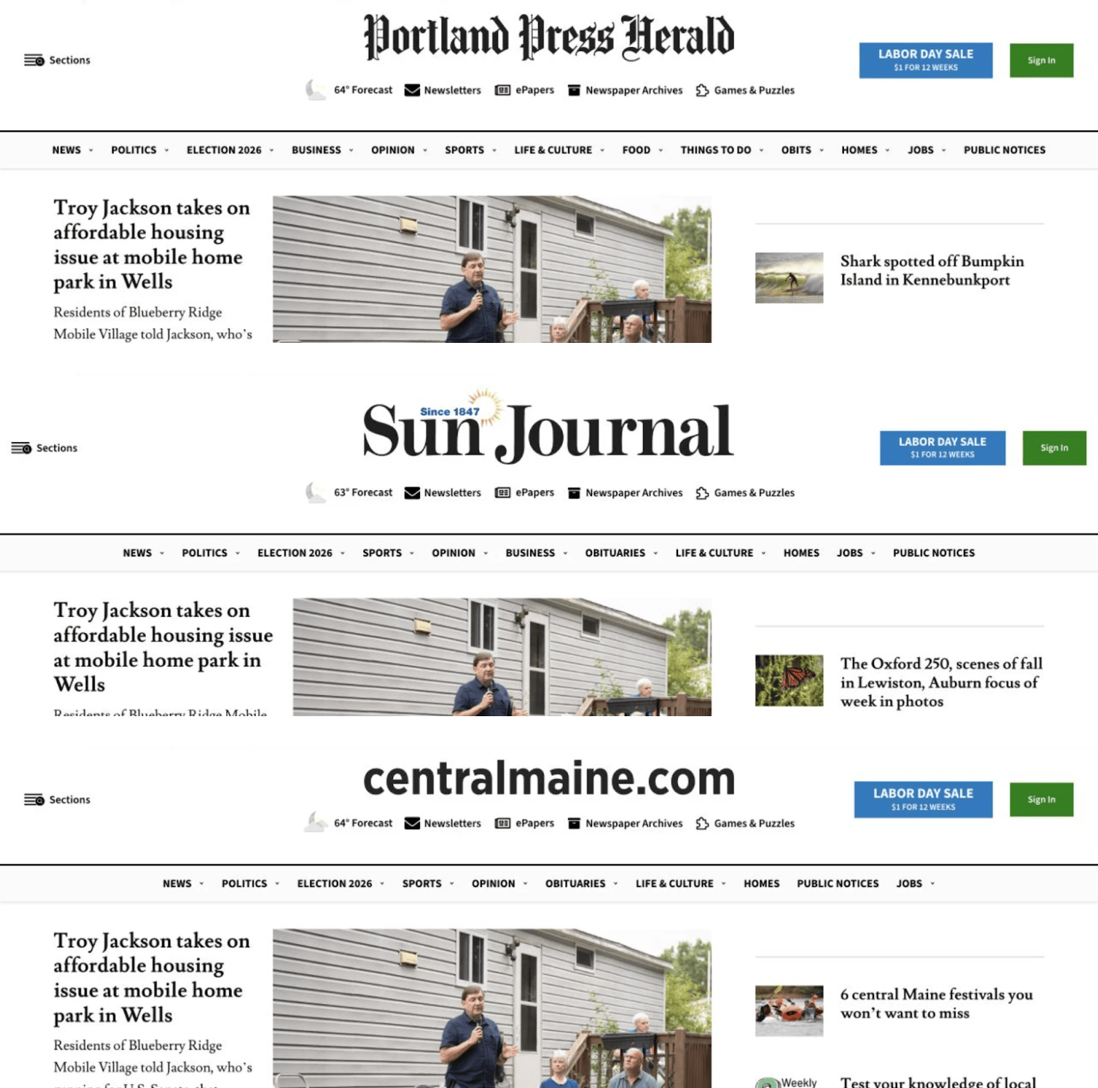 Examples of the same story across three METLN publications: the Portland Press Herald, Sun Journal, and CentralMaine.com.