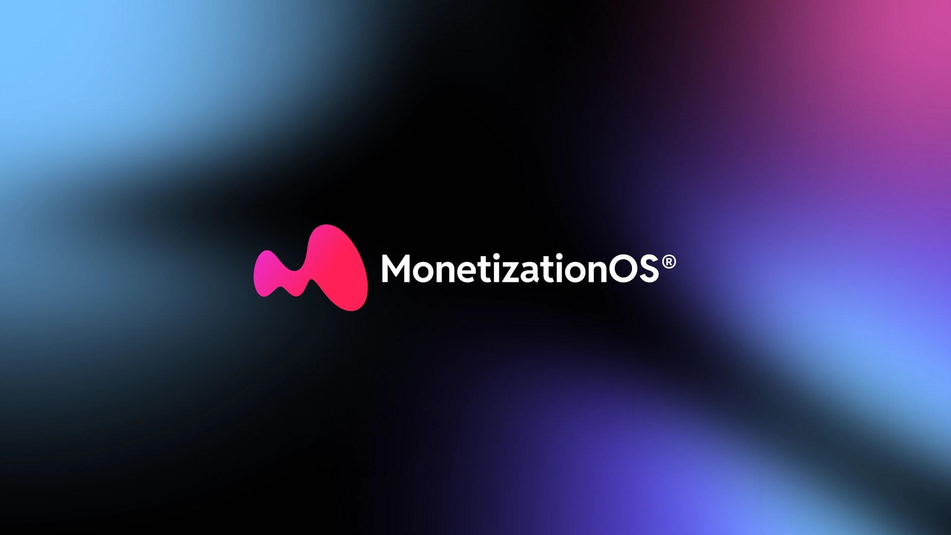 The MonetizationOS logo laid over black with hues of pink, blue, and purple.