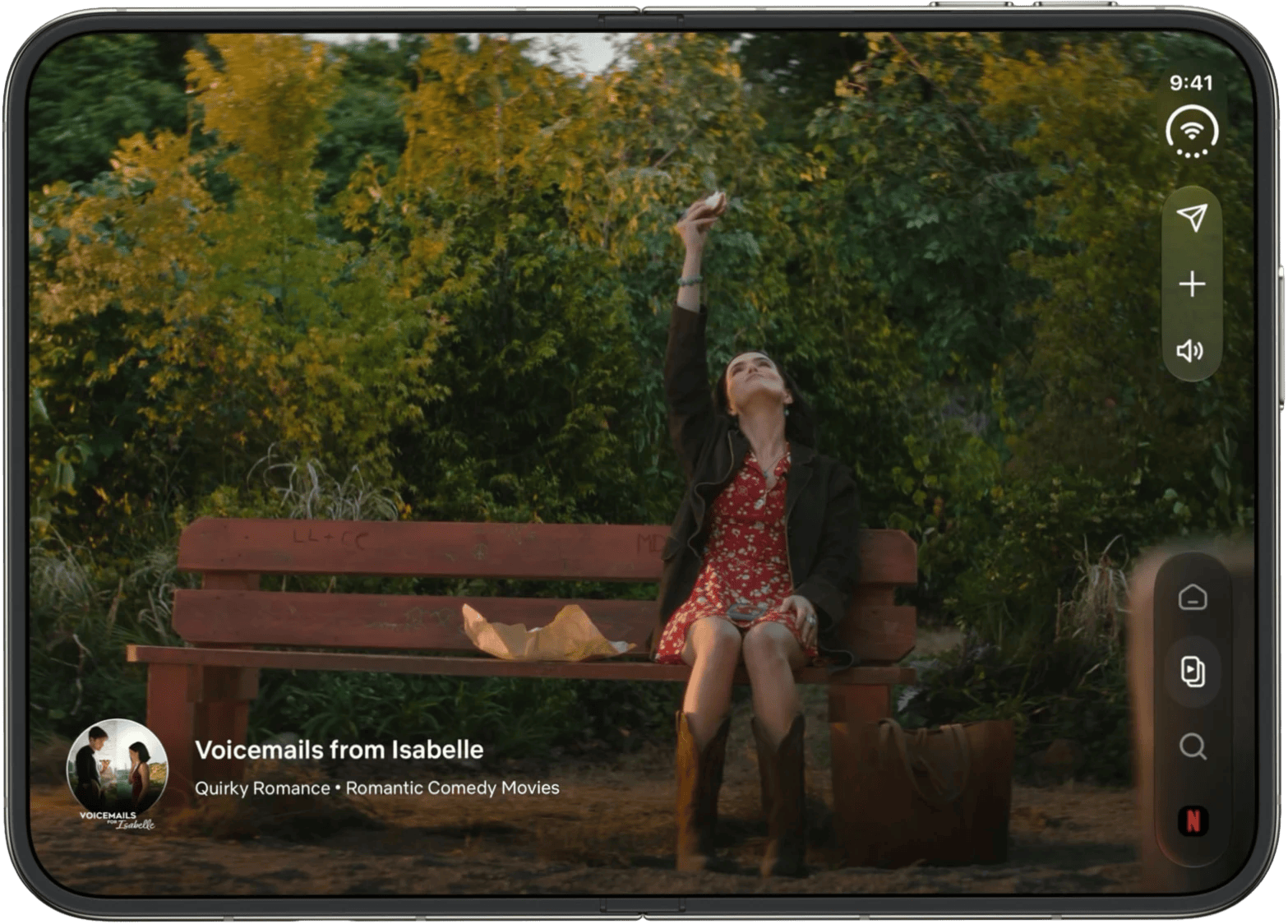 An example of the Netflix app in the larger iPhone Duo screen, showing a movie playing and controls on the right hand side. 