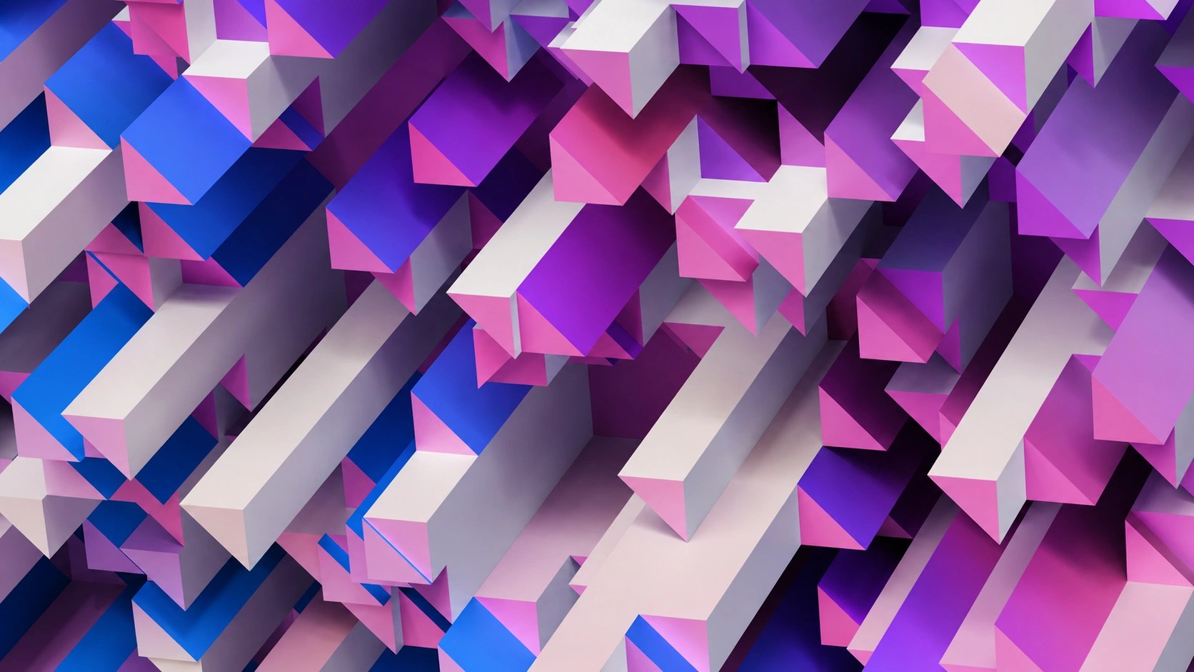 An illustrative graphic of triangular 3-D poles at different levels, in shades of purple, blue, pink, and gray.