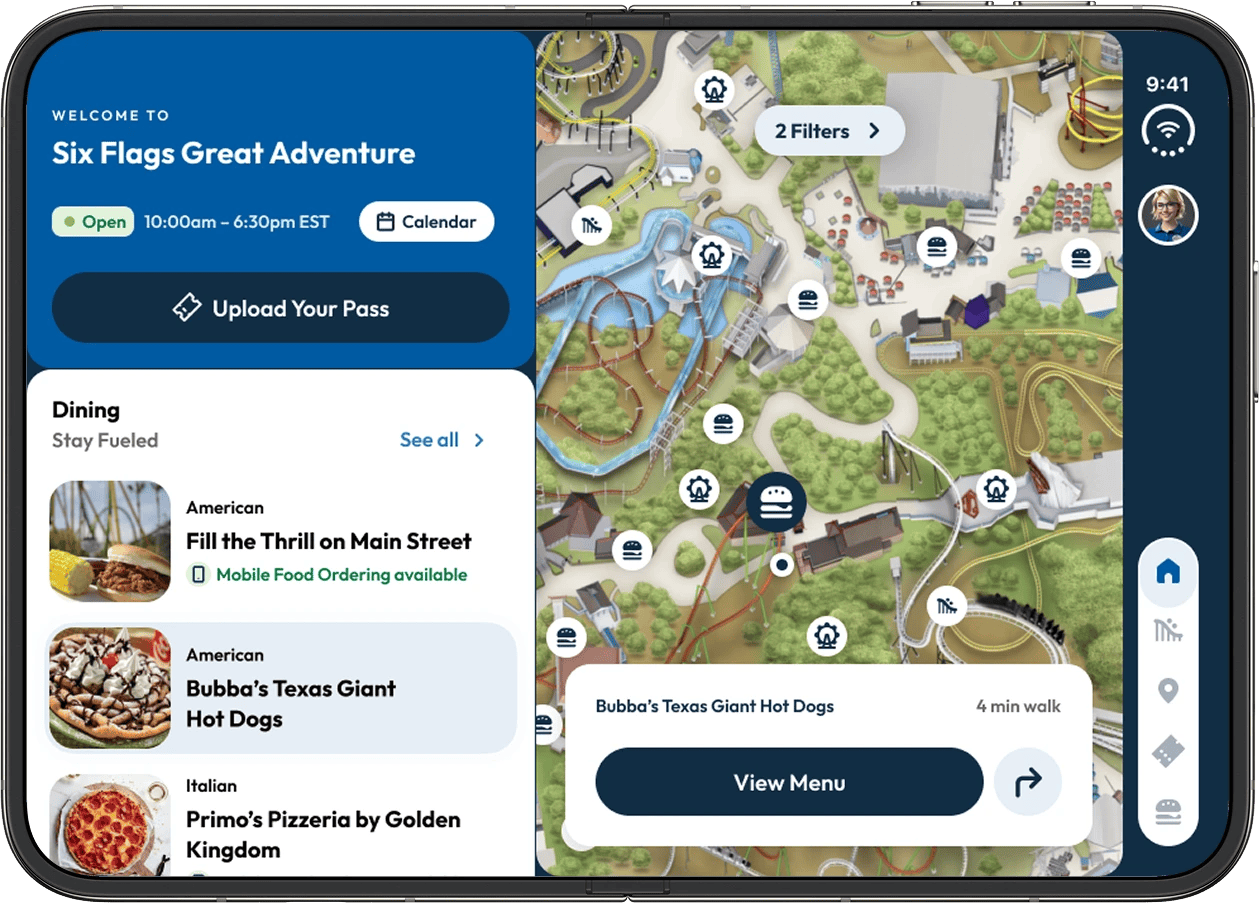 A mockup of a what the Six Flags app could look like on the larger iPhone Duo screen. 