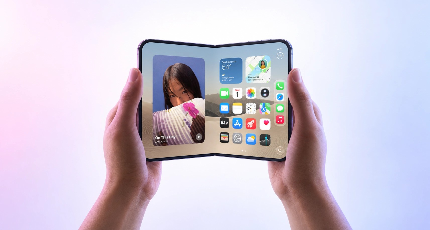 The iPhone Duo held half open, showing two sides of the screen. Overlaid with hues of pink and blue.
