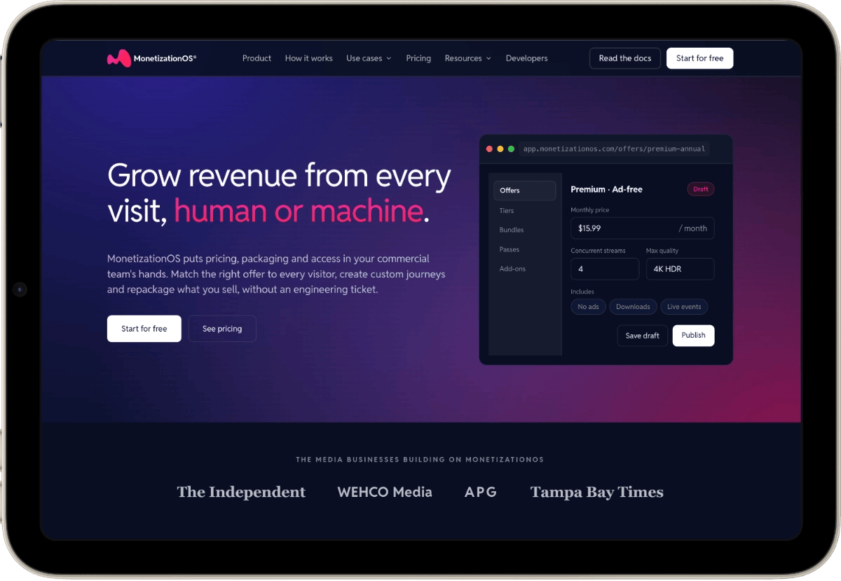 MonetizationOS homepage on an iPad, featuring subscription pricing tools and the headline “Grow revenue from every visit, human or machine.”