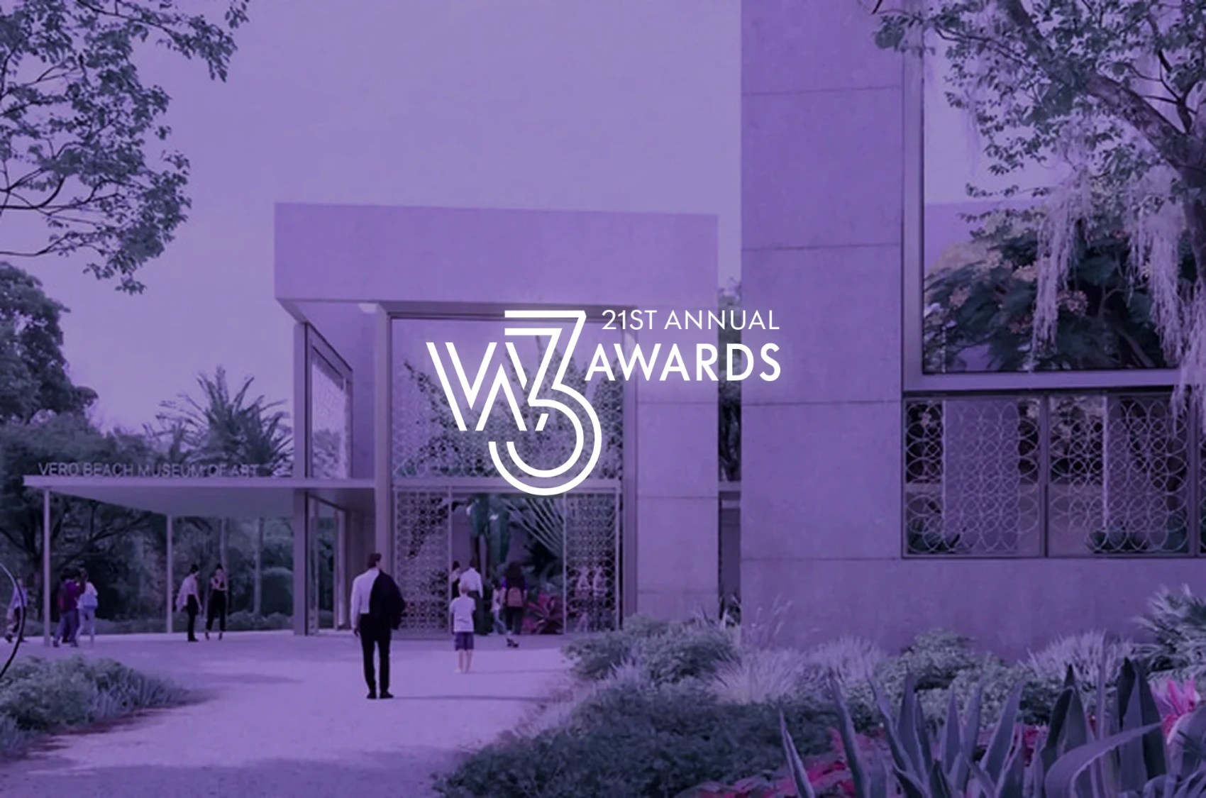 21st Annual w3 Awards logo over a purple-tinted architectural rendering of Vero Beach Museum of Art’s planned expansion.